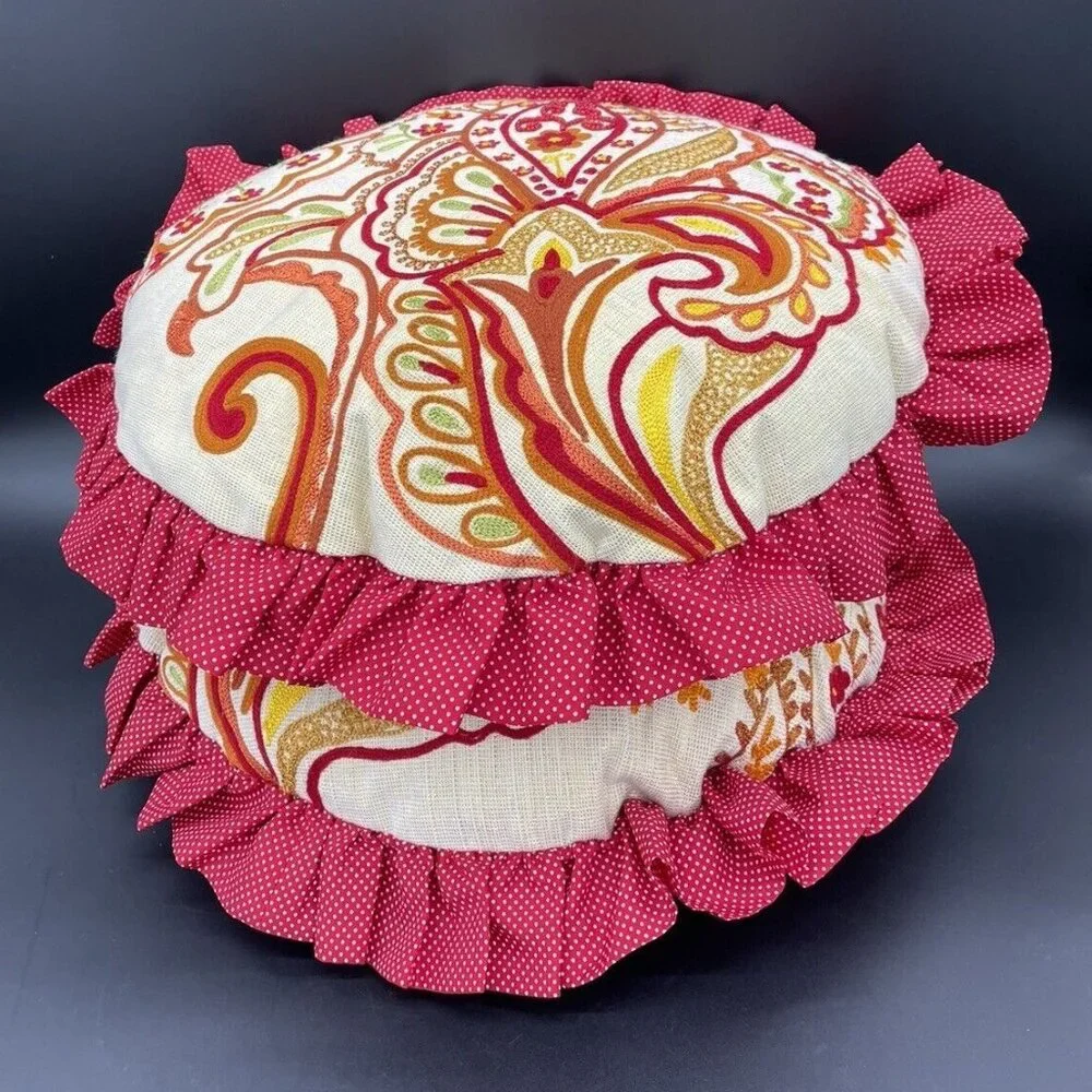 Pier 1 Throw Pillows Round Decorative Red Gold Polka Dot Pair 13 Inch Paisley